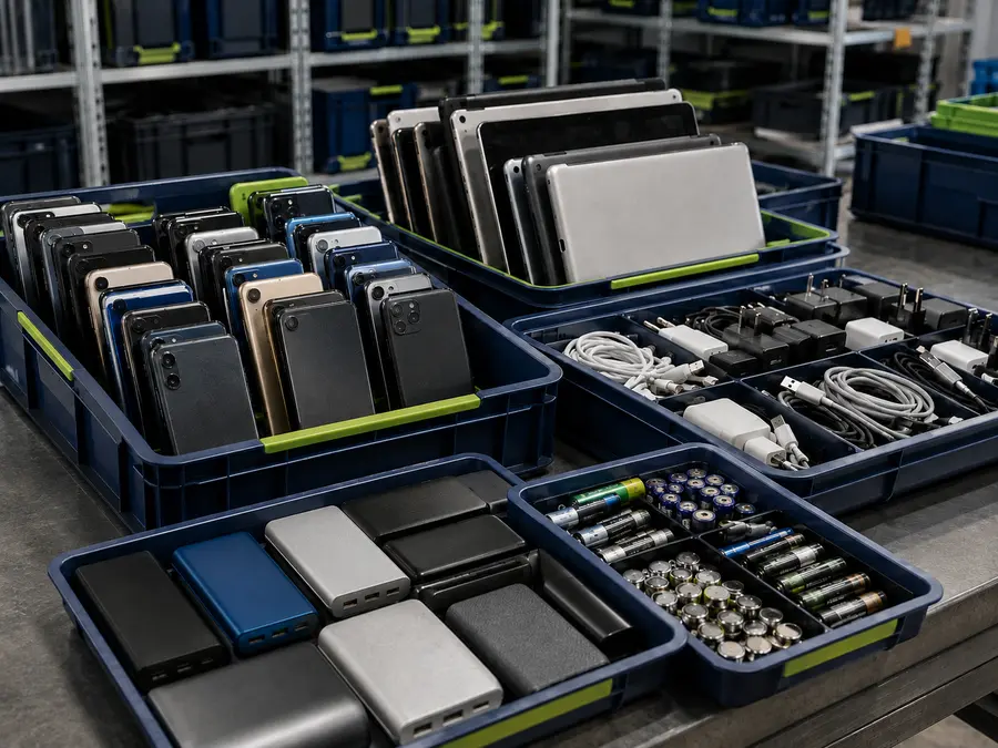 Mobile phones, tablets, chargers and batteries sorted for recycling
